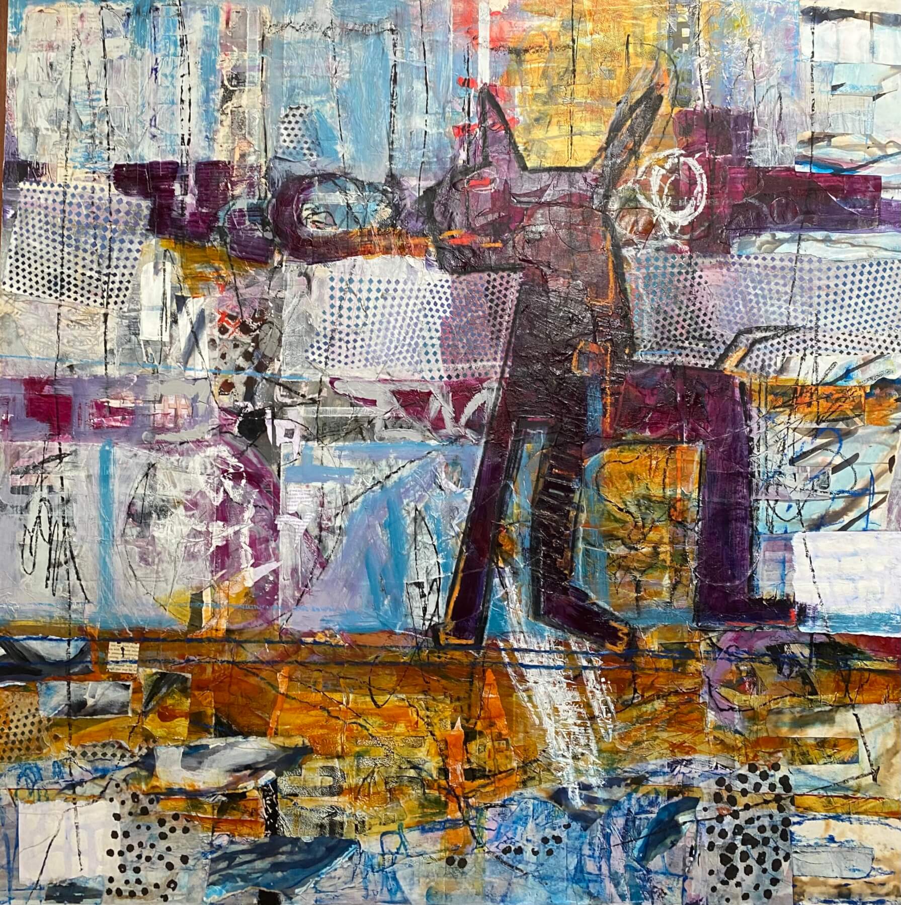 Graffiti Camden town dogs london edgy violet purple turquoise stencil dots mark making rich textures contrasts warm cold