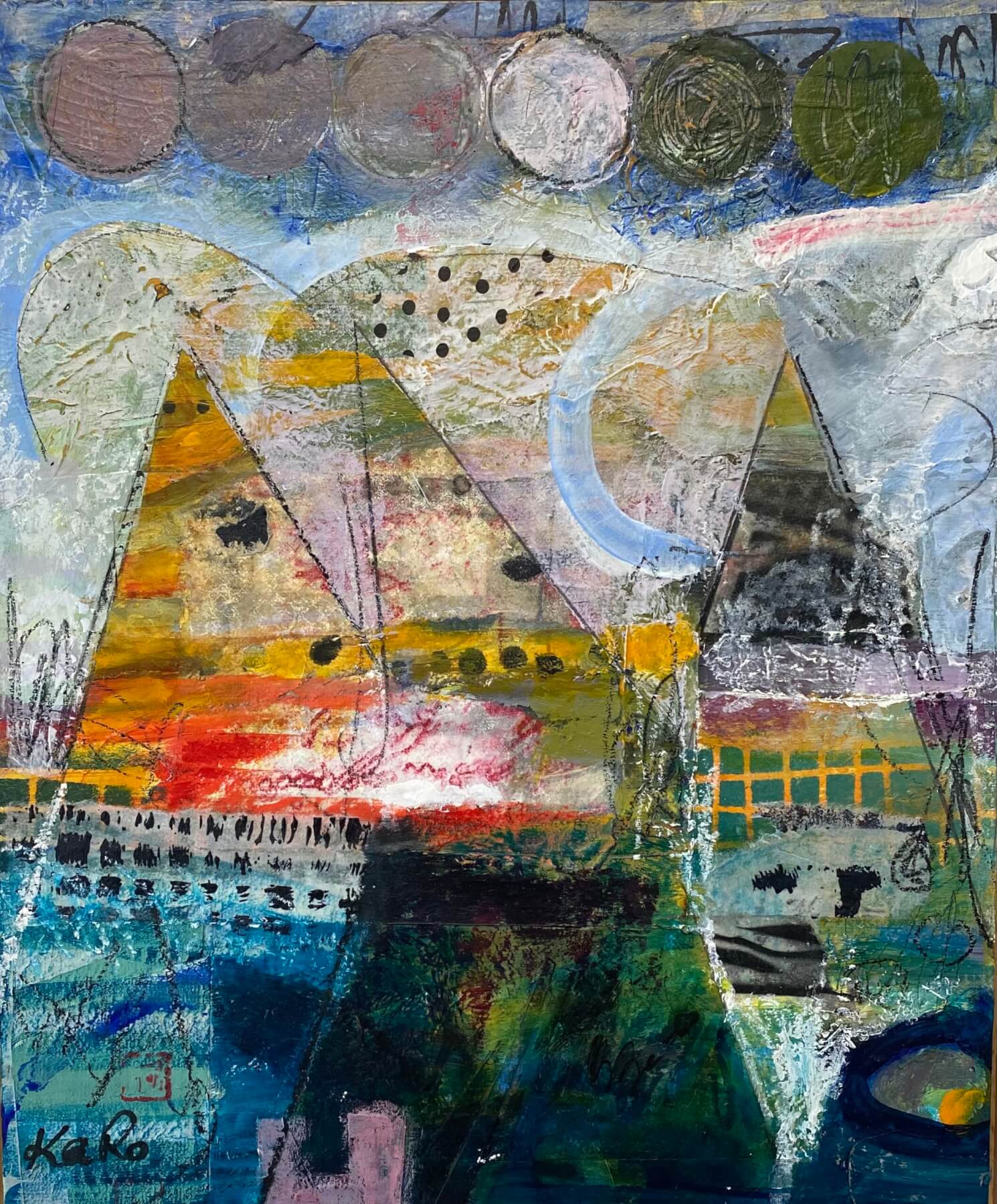 original painting surfing triangles colour blue lipstick red