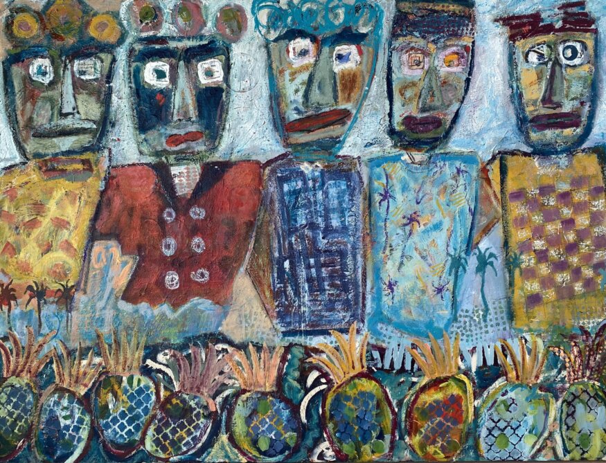 Five guys in bright shirts, Carribbean style, steel band, pineapples