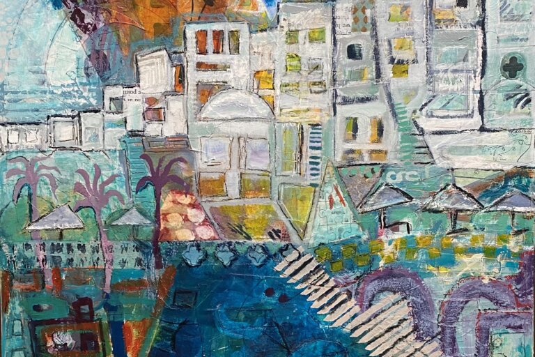 resort architecture hip hotels palm trees tropics atmospheric painting sunset