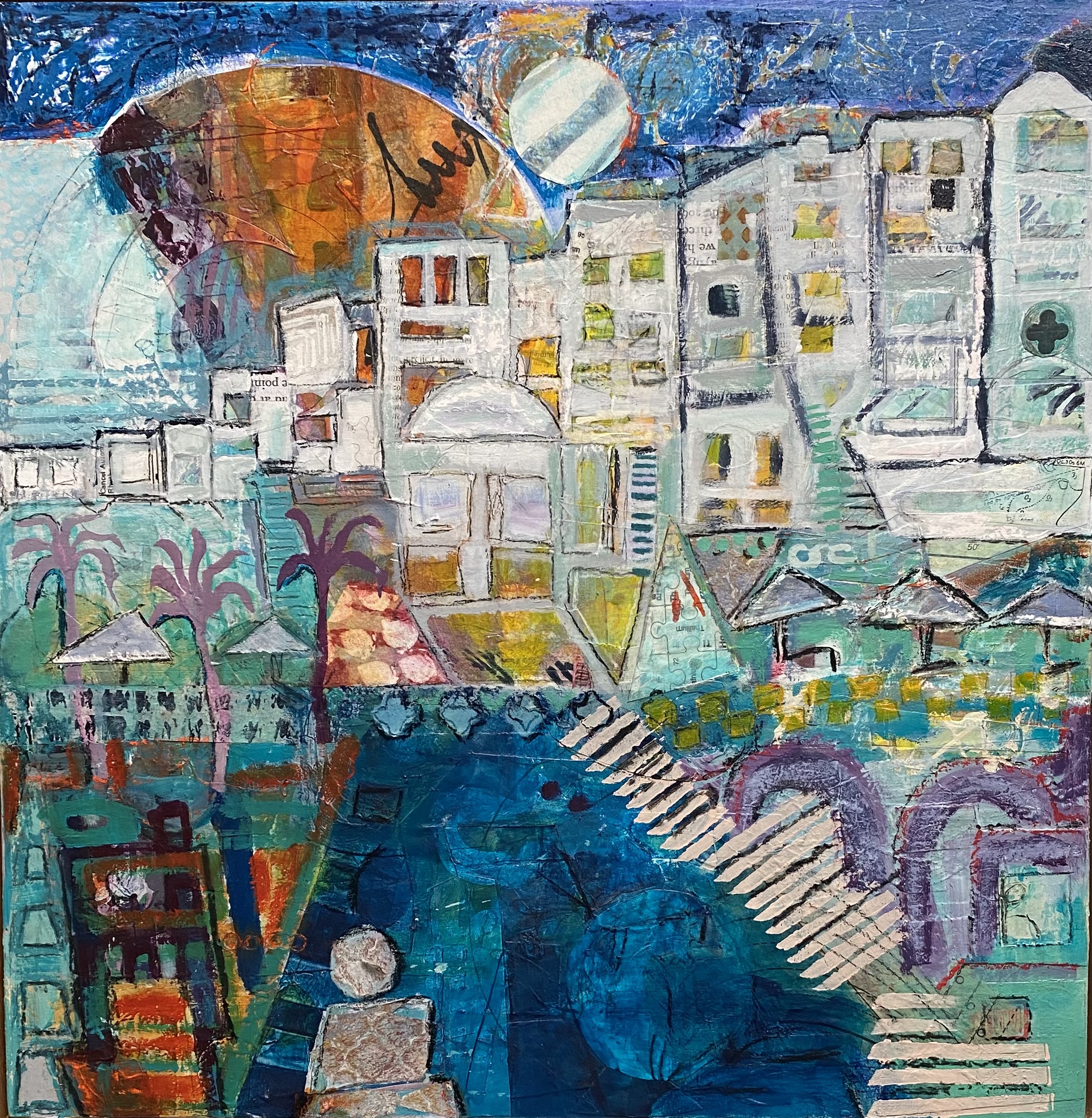 resort architecture hip hotels palm trees tropics atmospheric painting sunset